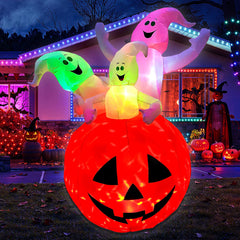 RETRO JUMP front view of ghost-on-pumpkin inflatable showing playful design and curb appeal