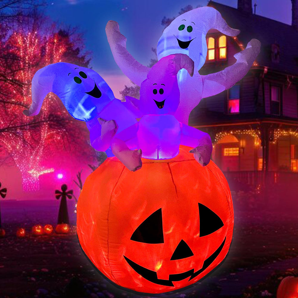RETRO JUMP inflatable lit at night with RGB lights creating colorful yard visibility