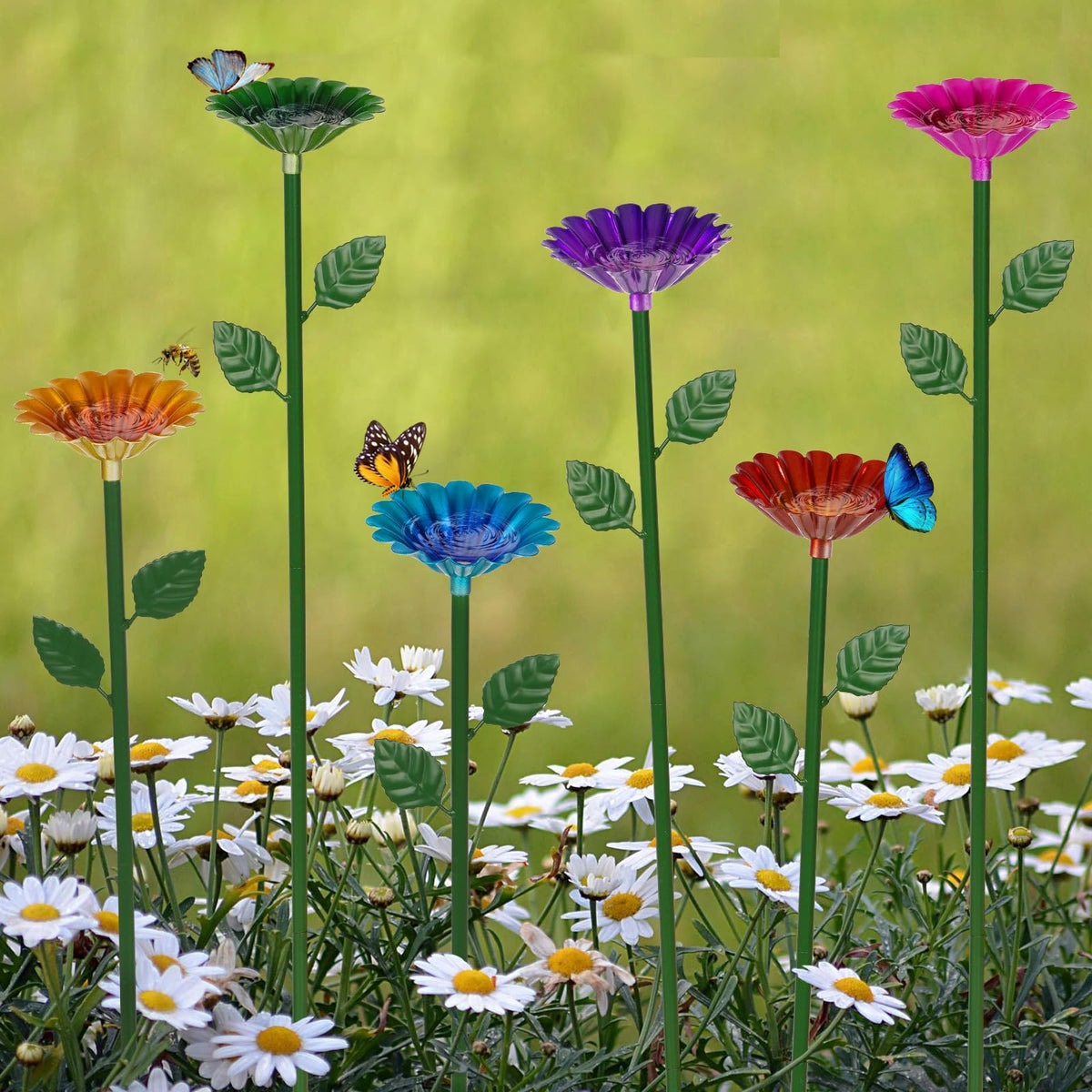 Retyion bee watering station front view showing colorful flower and benefit to pollinator visibility