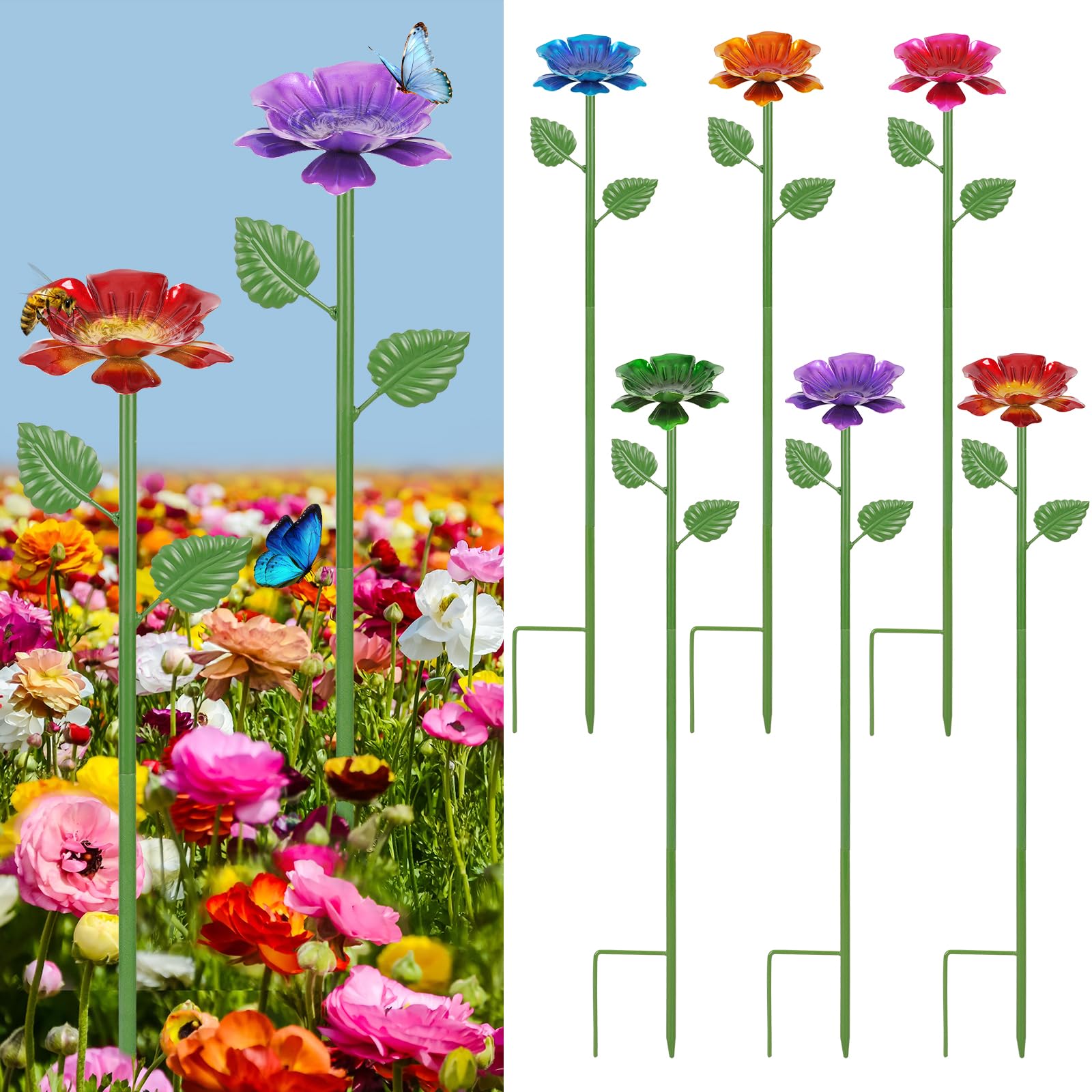 Retyion front view showing six colorful metal flower watering bowls for garden beauty