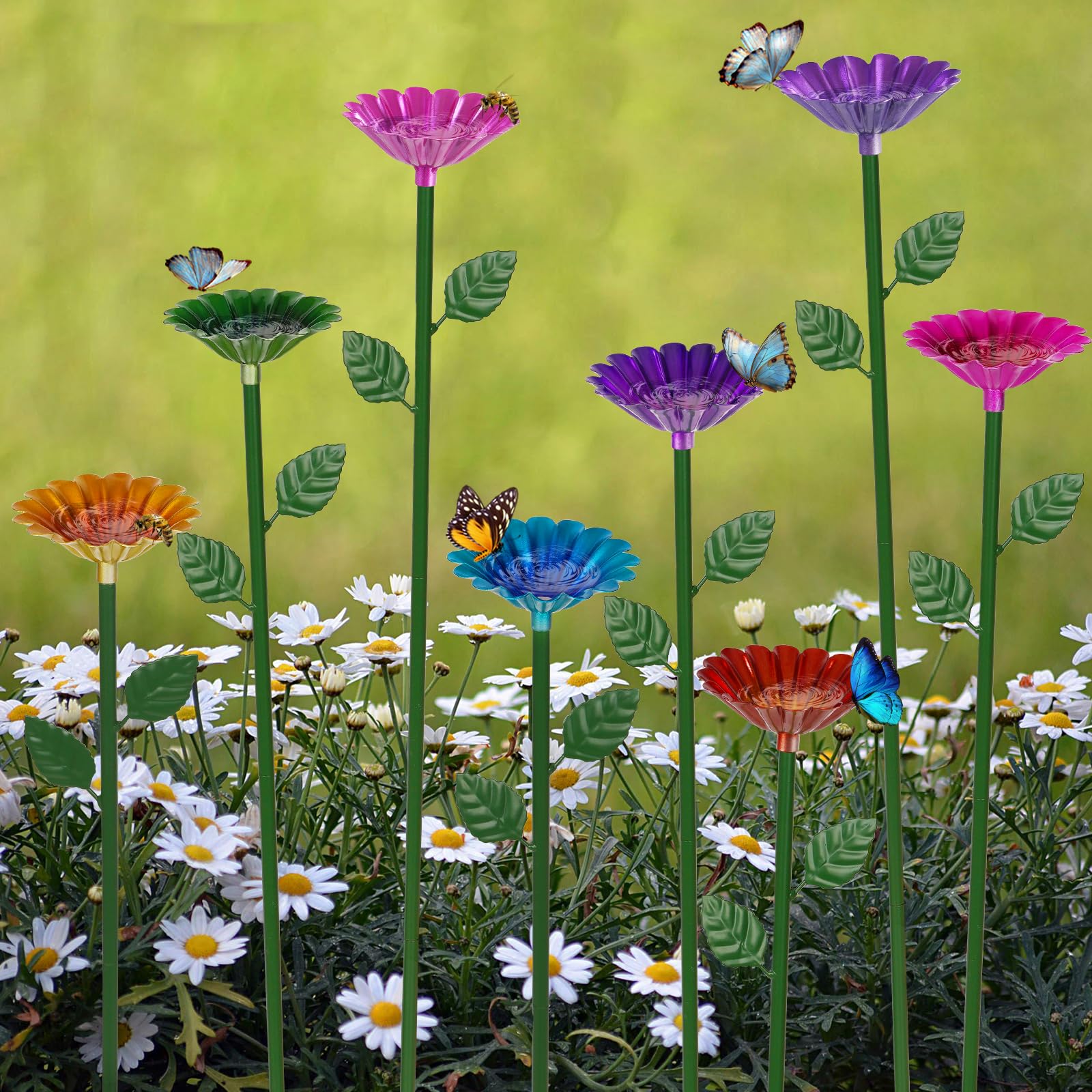 Retyion front view of eight bee watering stations brightening garden