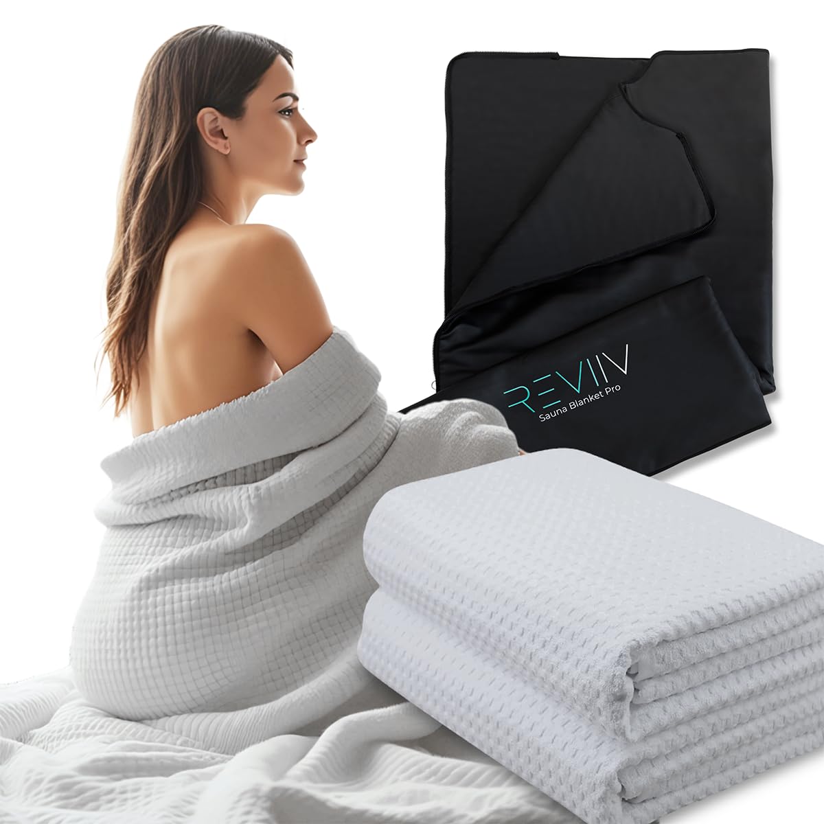 REVIIV front view of light grey towel pack shows fit and fabric benefit