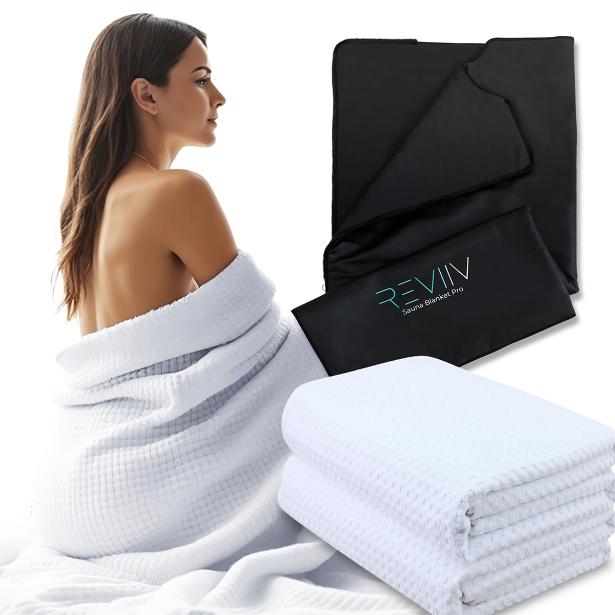 REVIIV front packaging showing two white sauna towels and size benefits