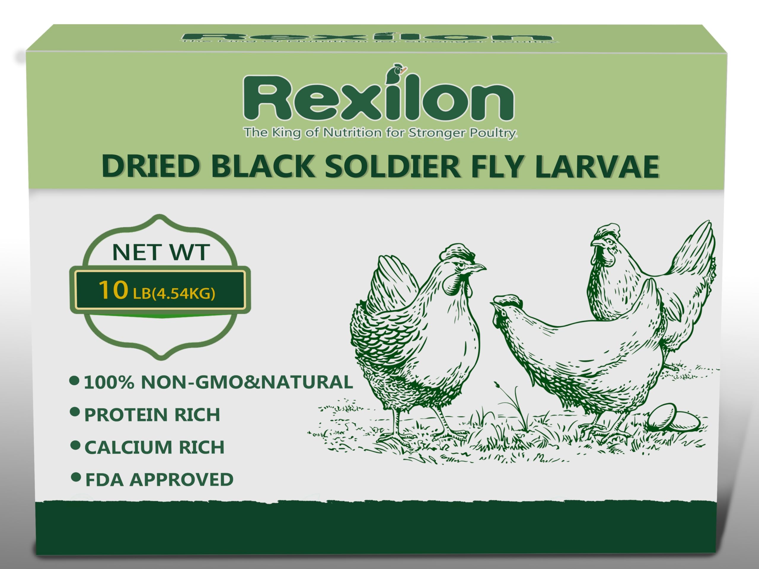 Rexilon front packaging showing 10lb bulk bag and branding benefit: convenient bulk feed