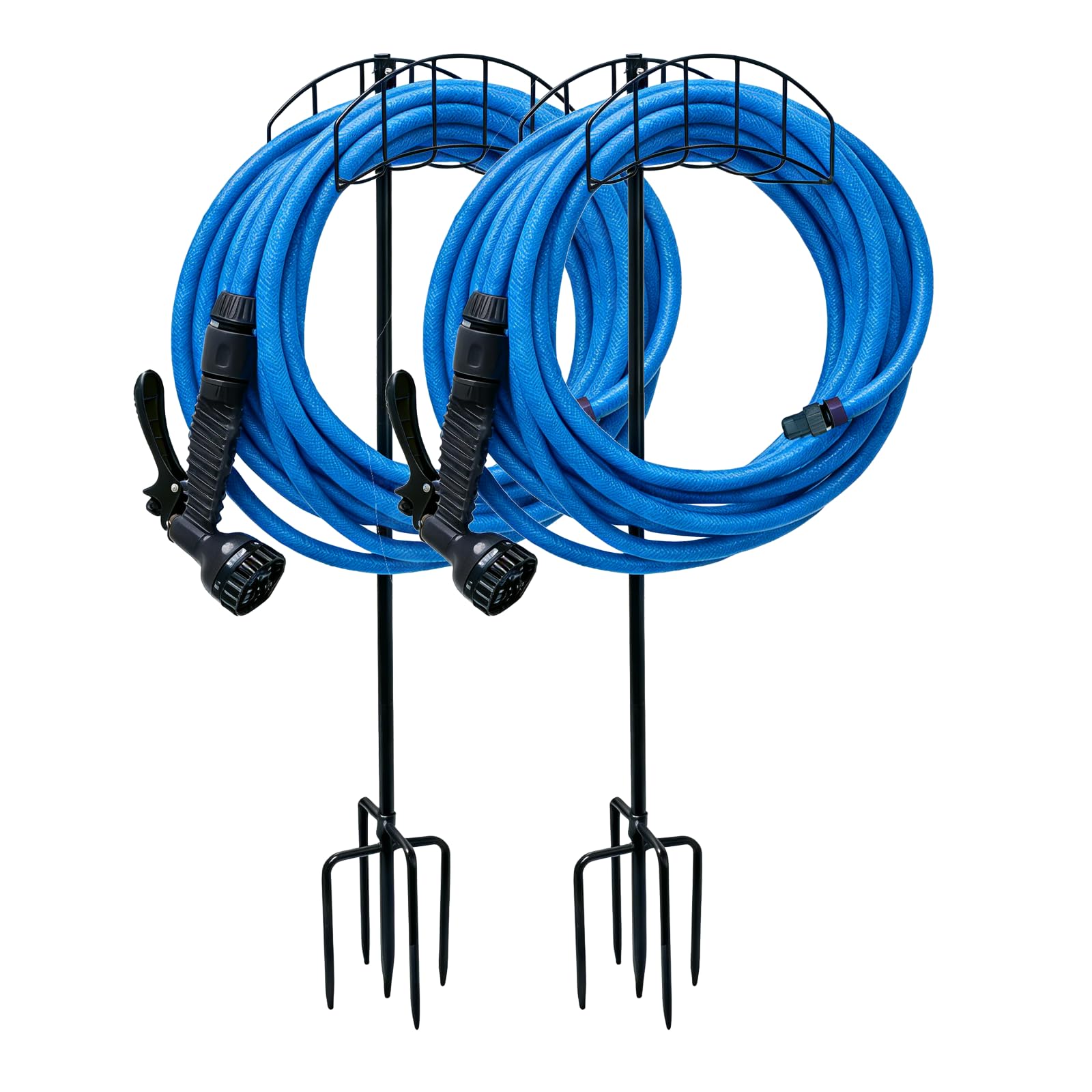 Rexwnadu front view of two freestanding hose holders showing stability and capacity