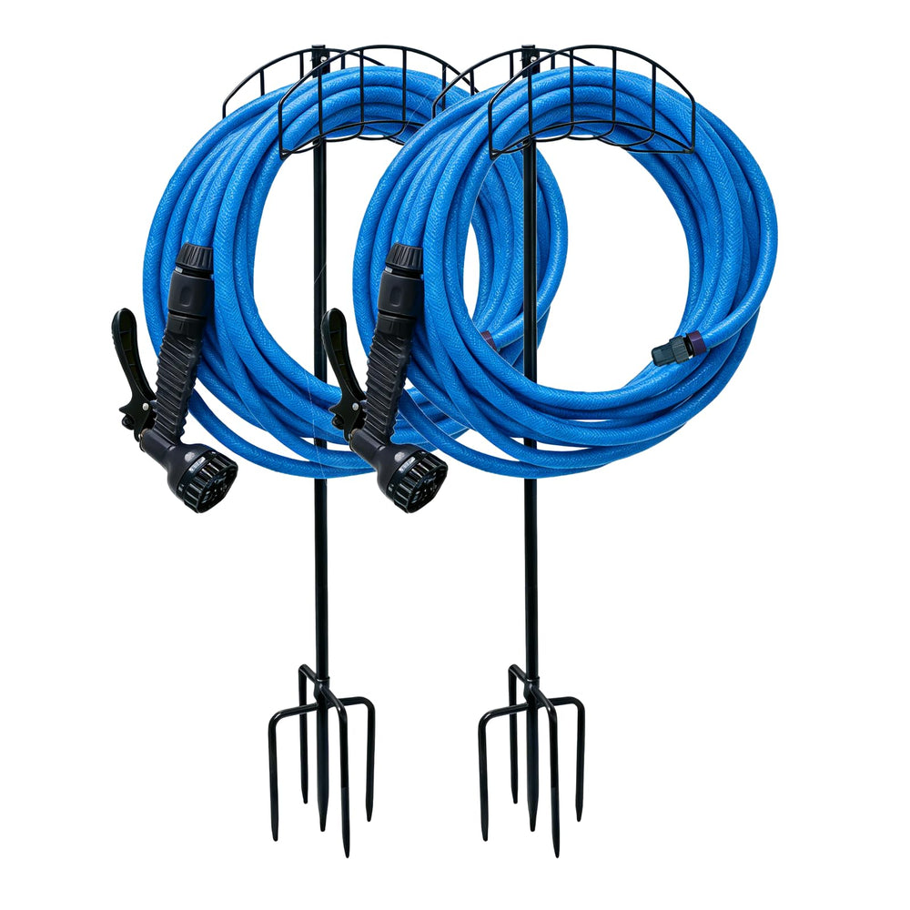 Rexwnadu front view of two freestanding hose holders showing stability and capacity