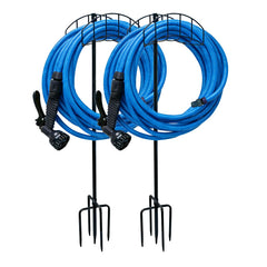 Rexwnadu front view of two freestanding hose holders showing stability and capacity