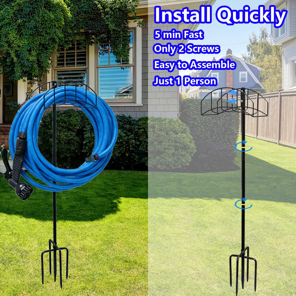 Rexwnadu holder next to garden hose showing scale and support for long hoses