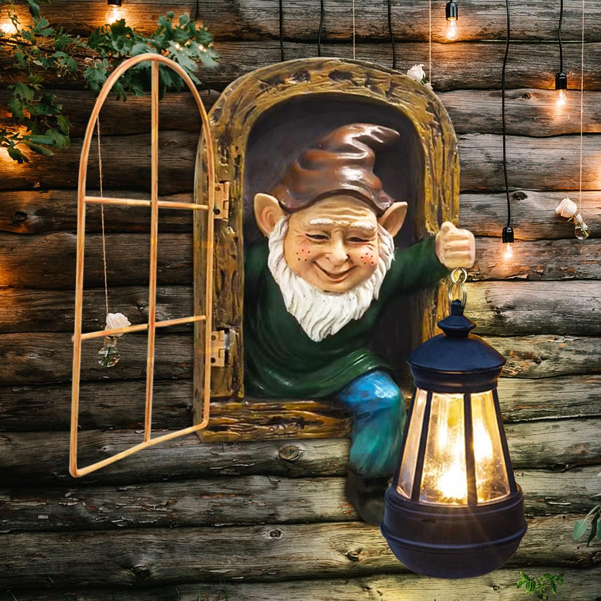 REYISO front view of gnome statue showing lantern and smiling pose, adds charm