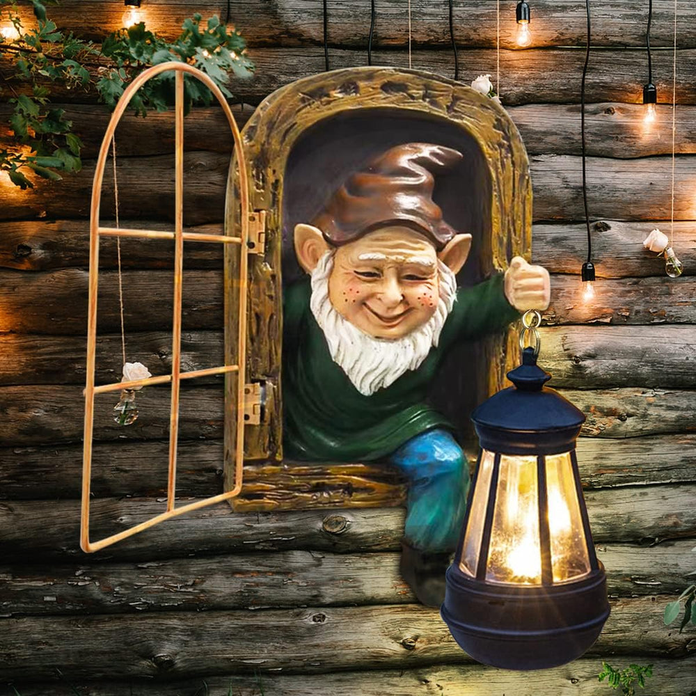 REYISO front view of gnome statue showing lantern and smiling pose, adds charm