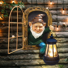 REYISO front view of gnome statue showing lantern and smiling pose, adds charm