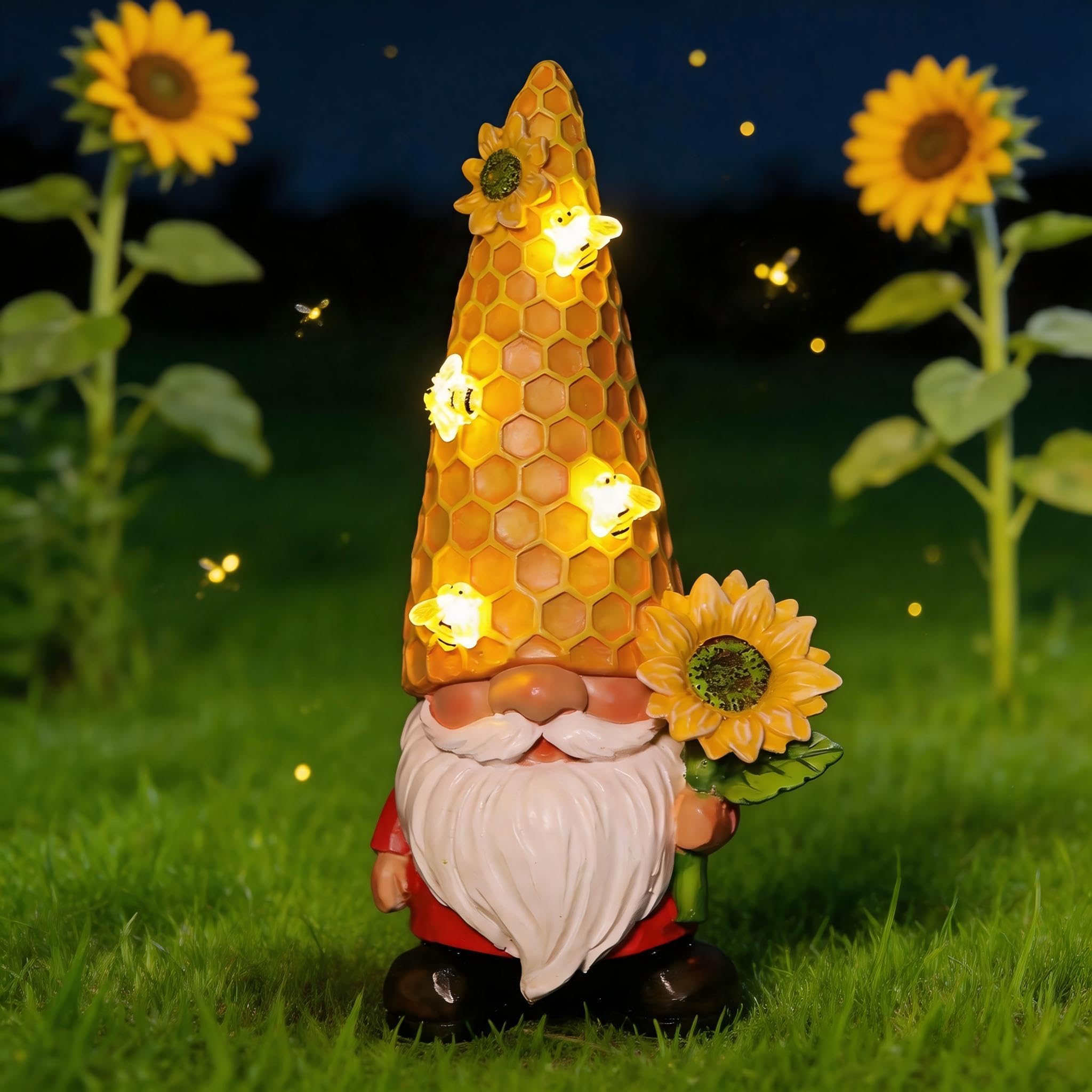 REYISO front view of gnome statue showing sunflower and smile for curb appeal