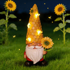 REYISO front view of gnome statue showing sunflower and smile for curb appeal