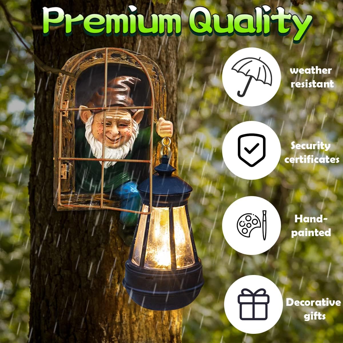 REYISO gnome mounted on tree in garden creating whimsical outdoor ambiance