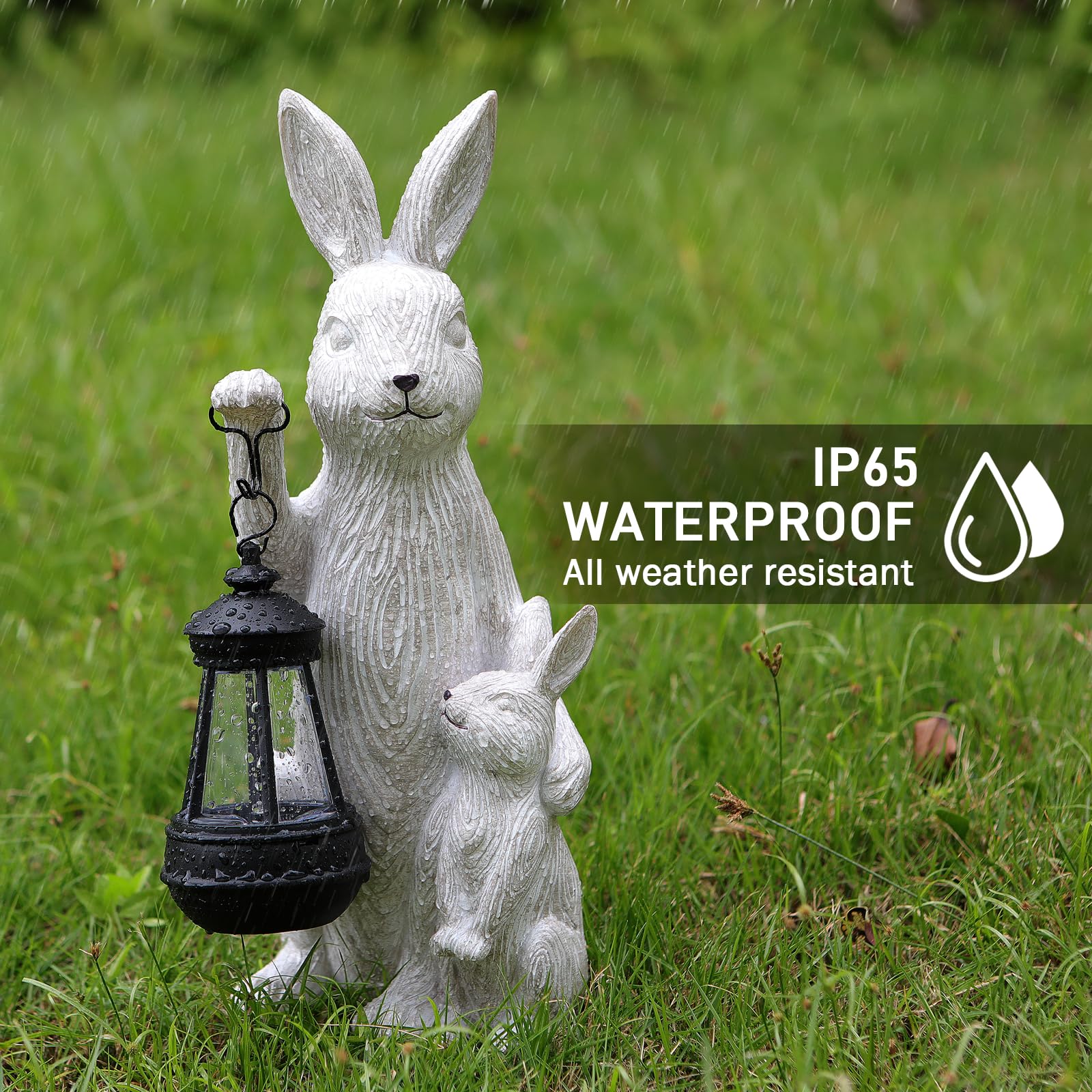REYISO side profile of rabbit in garden demonstrating waterproof resin and charm