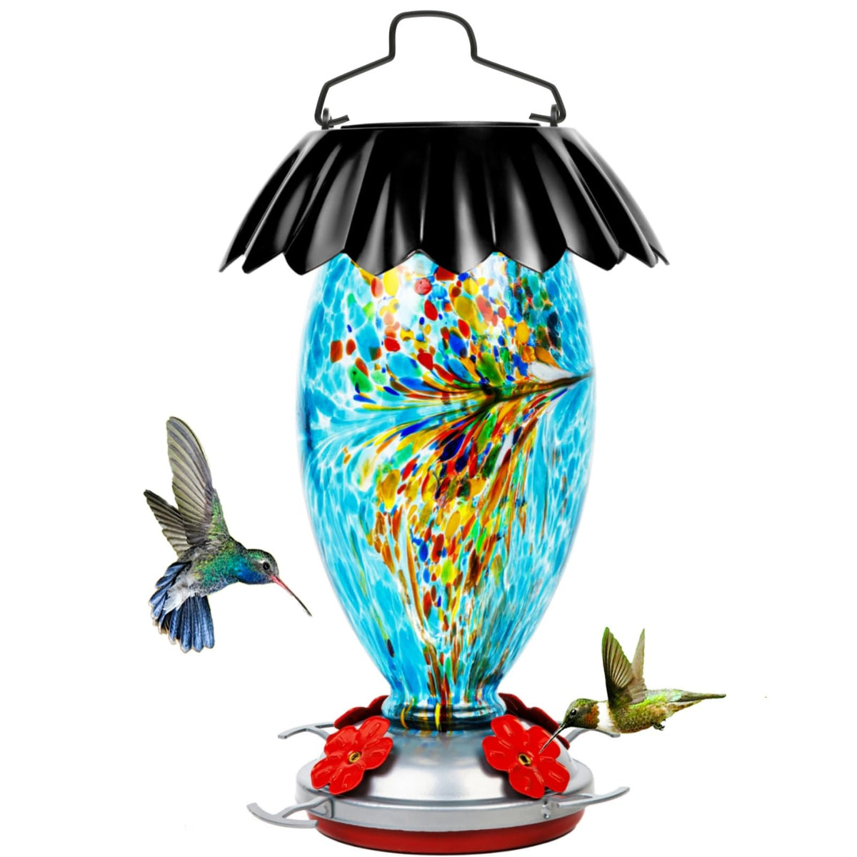 REZIPO front view of blue glass feeder showing capacity and shape, attracts birds