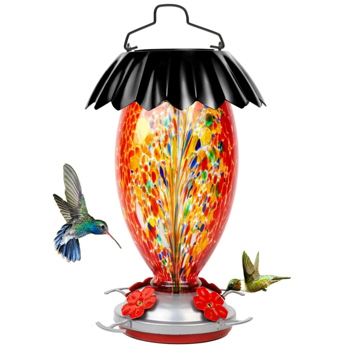 REZIPO front view of feeder showing colorful hand-blown glass and hanger, decorative benefit