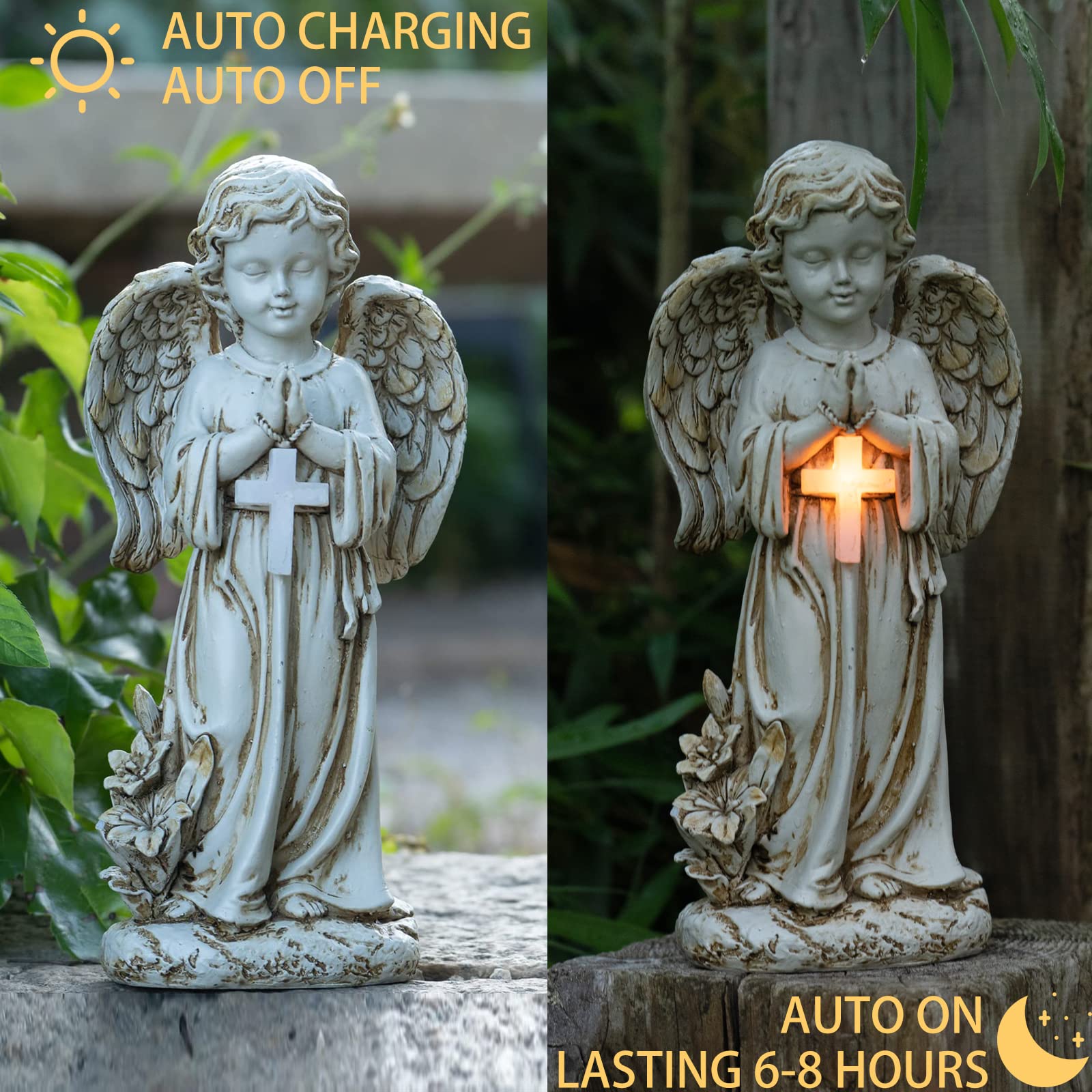 rezpuao angel placed among garden flowers to enhance outdoor tranquility