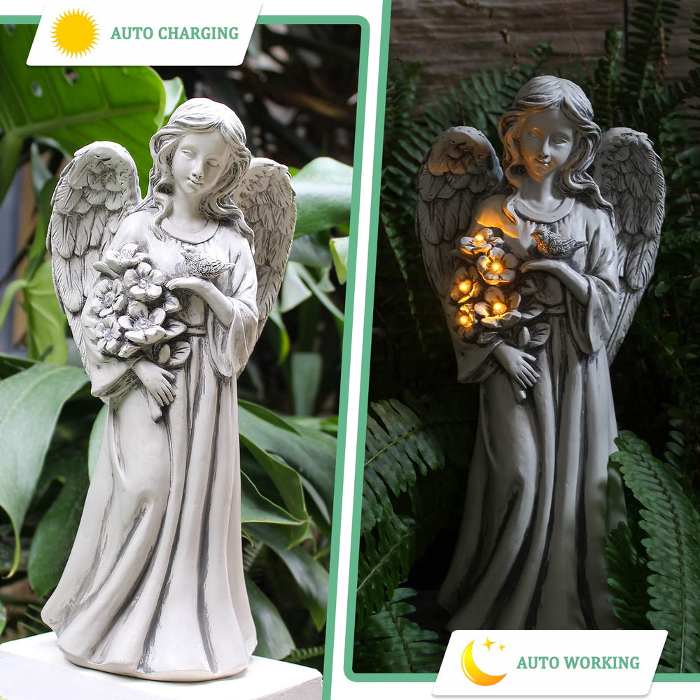 Rezpuao statue glowing at night providing soft garden illumination