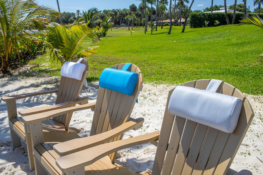 REZVANI lifestyle shot at beach spa showing relaxed outdoor lounging benefit