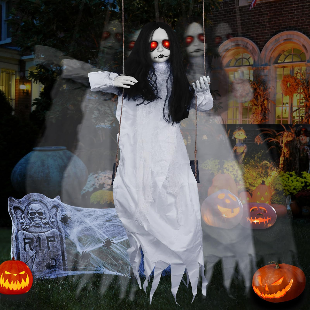 RGJ front view of 47-inch hanging girl prop showing eerie appearance and instant atmosphere