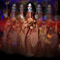 RGJ front view of hanging swinging girl showing full spooky pose and impact