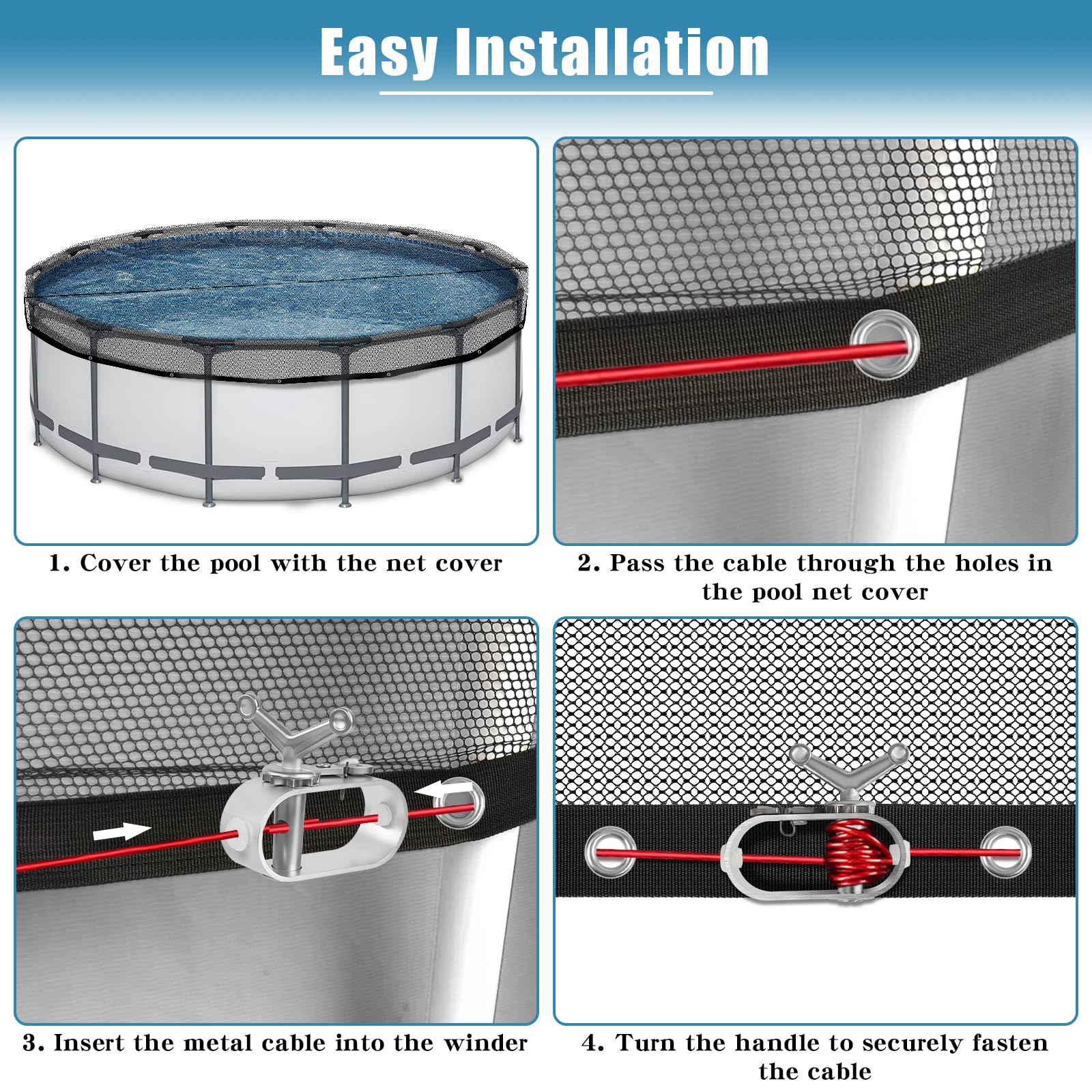 RGJ leaf net installed on above-ground pool reducing cleanup