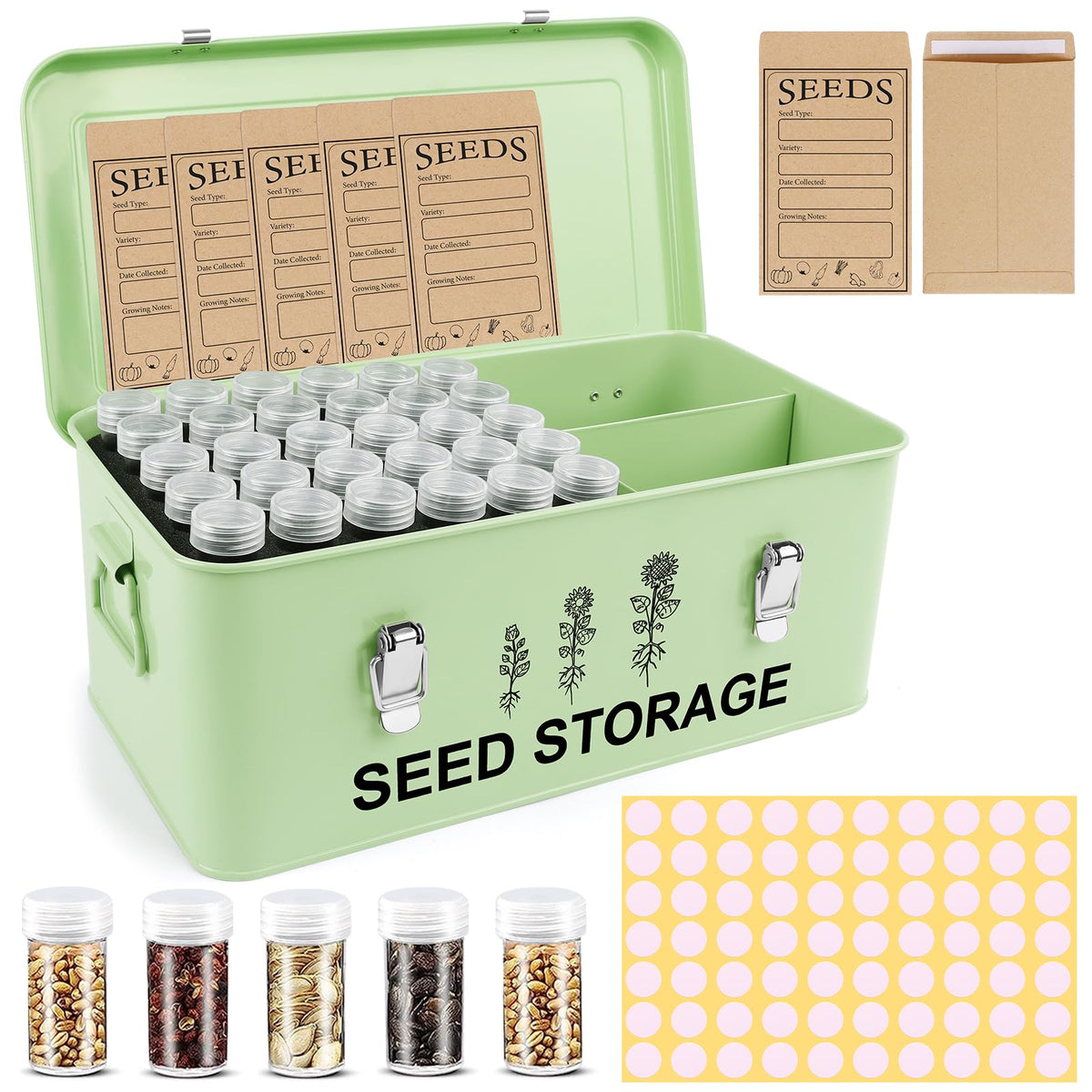RGJ front view of metal seed box shows secure lid and compact design benefit organization