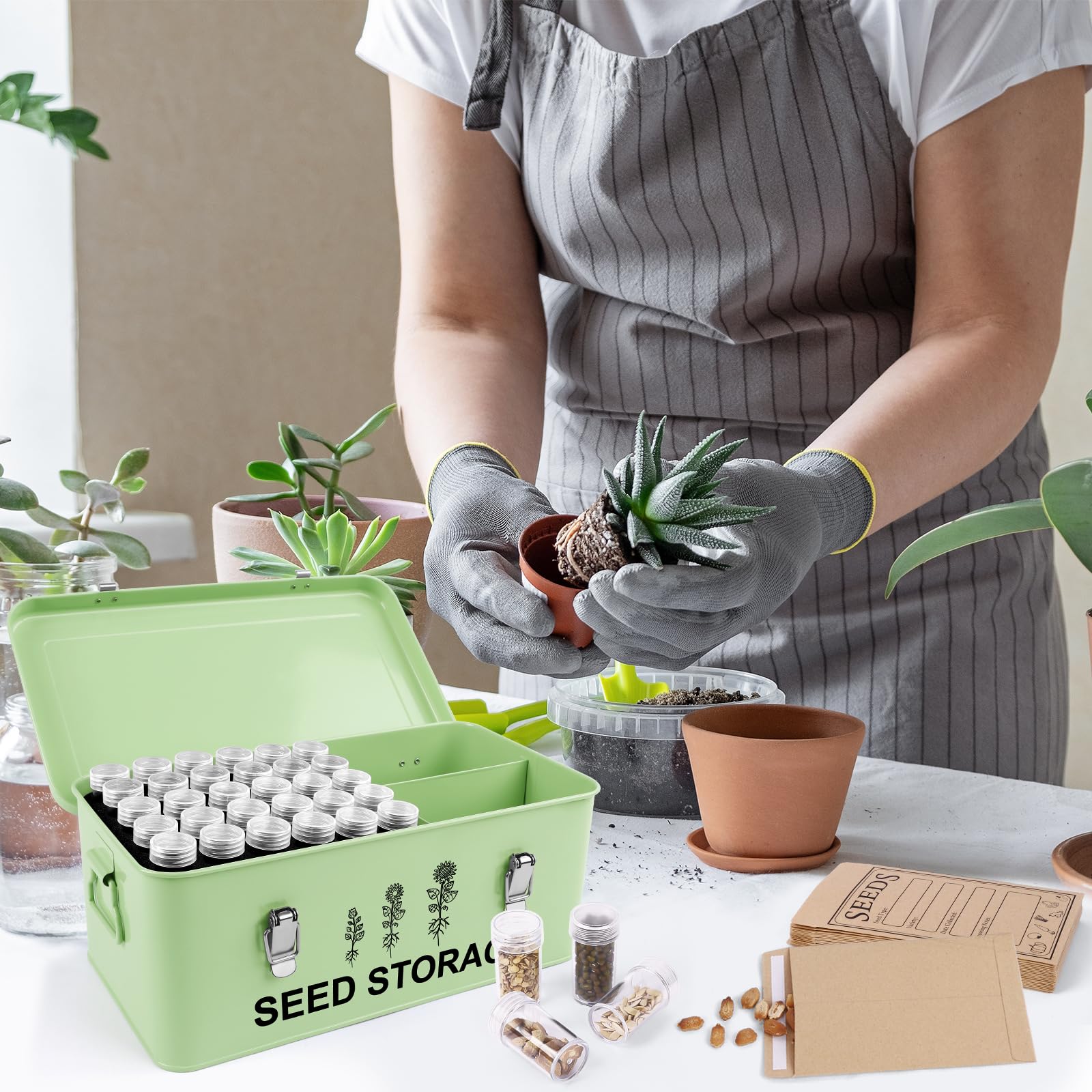RGJ seed box on a gardening bench illustrating portability and ready-to-use convenience