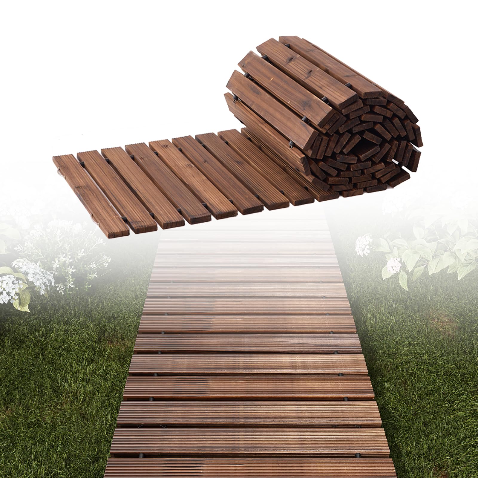 RHINEINMIST front view of unrolled wooden pathway showing neat boards and curb appeal