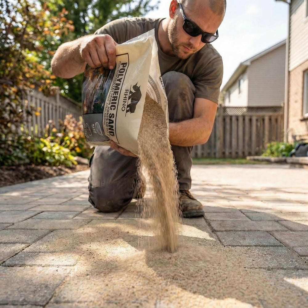 RHINO POLYMERIC SAND filled paver joints on patio demonstrating stabilized surface