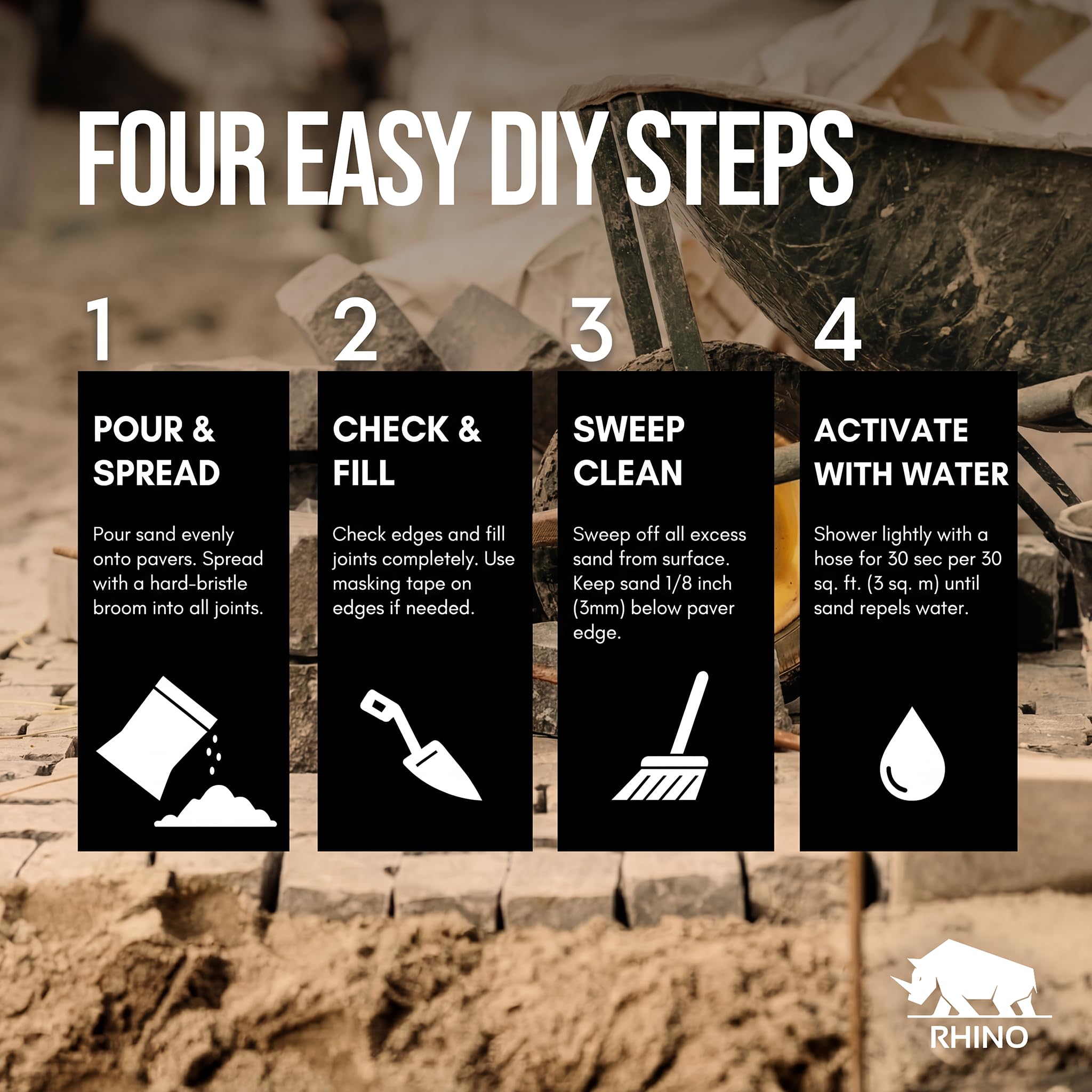 RHINO POLYMERIC SAND misting activation step showing water-activated bonding benefit