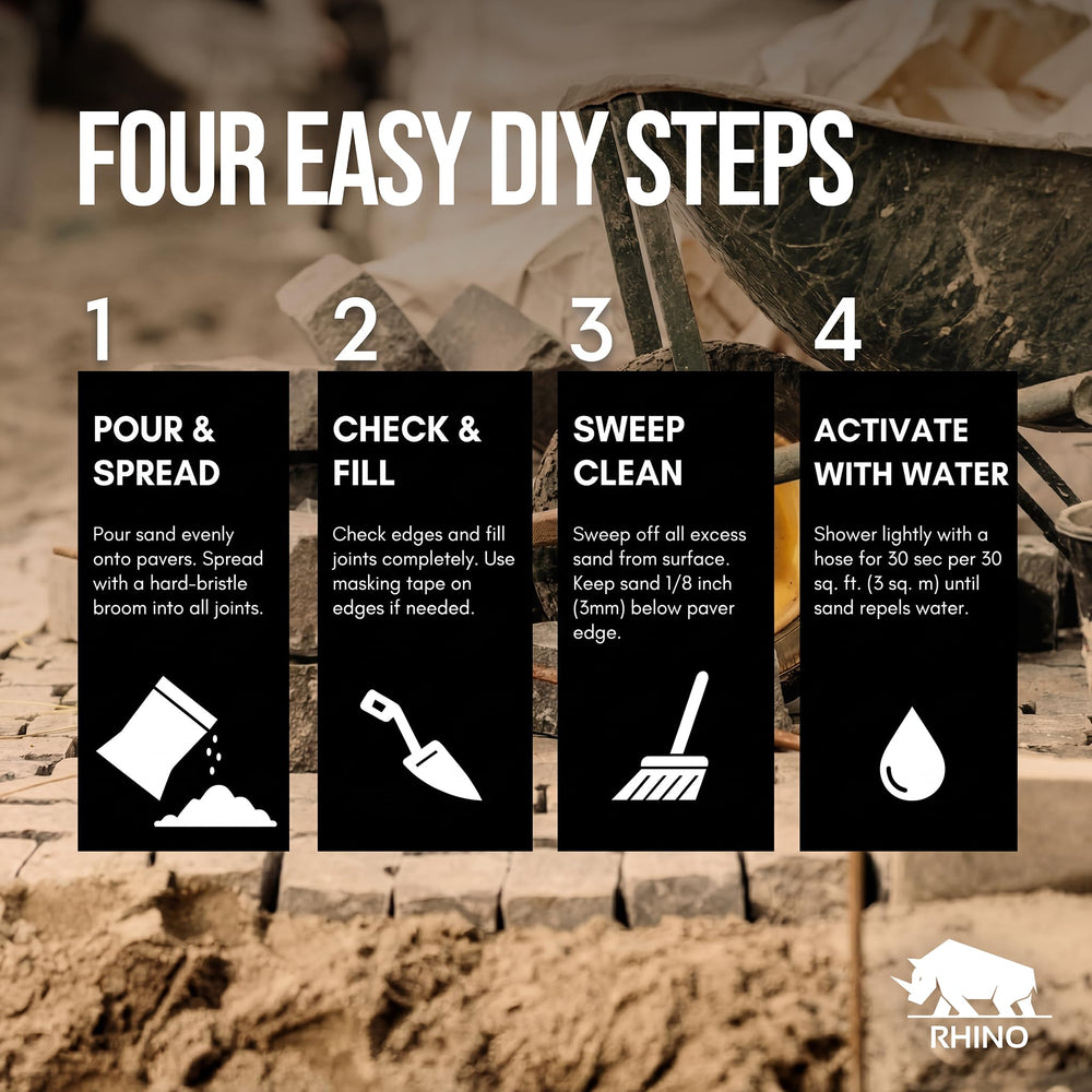 RHINO POLYMERIC SAND misting activation step showing water-activated bonding benefit