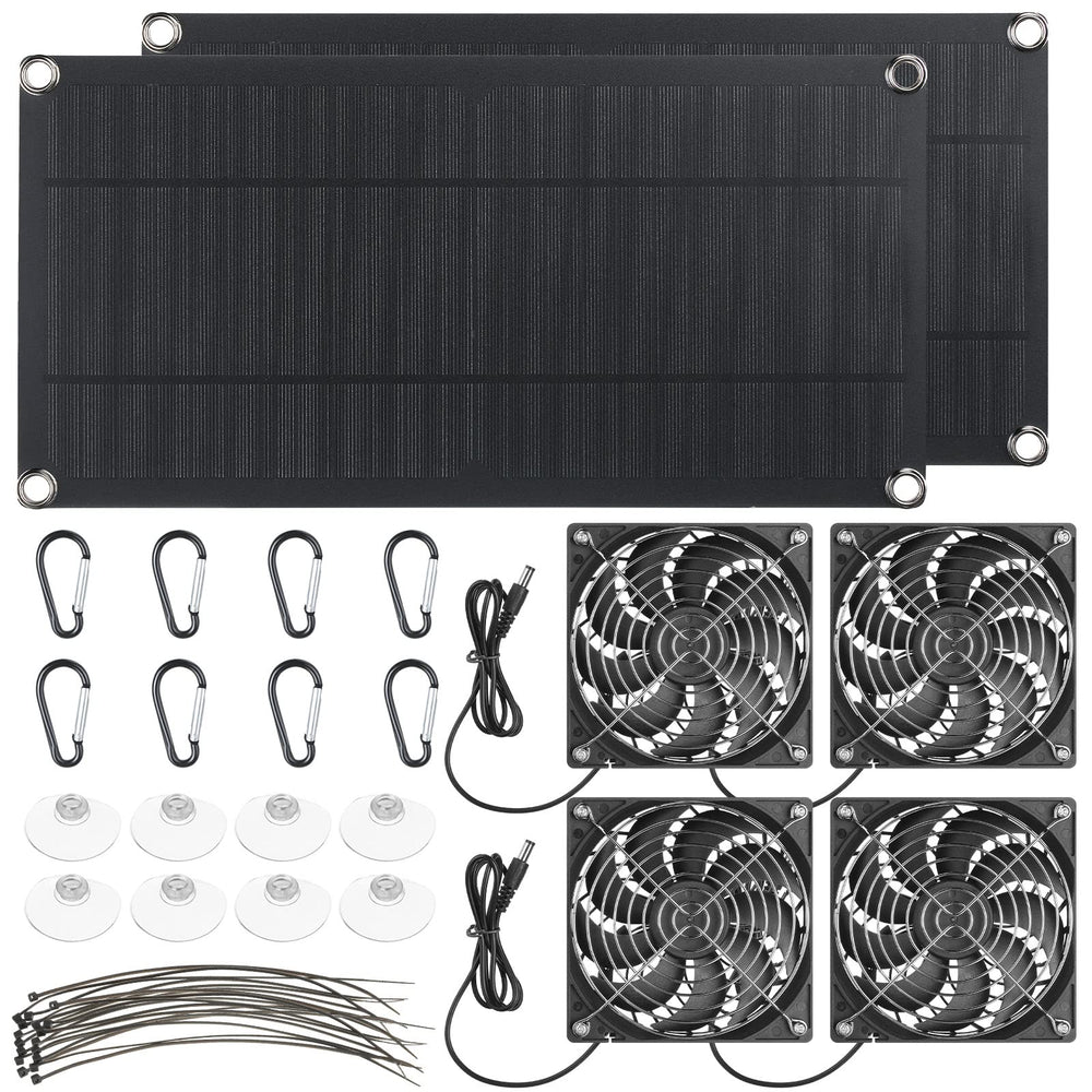 Riakrum front view of full packed solar fan kit showing panels and fans for quick setup