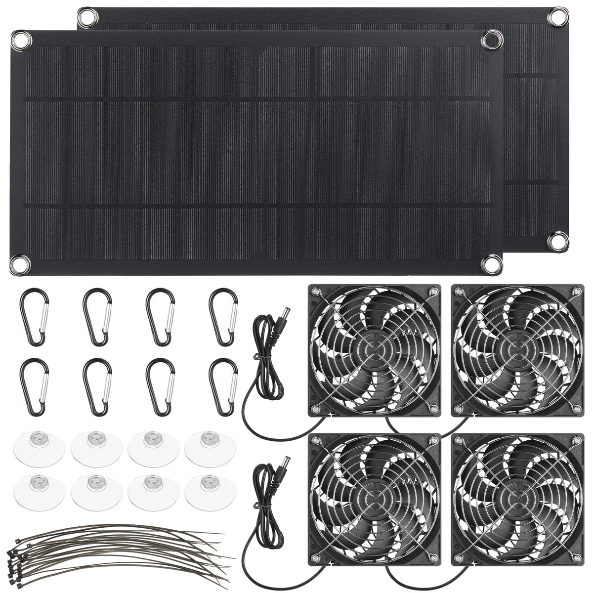 Riakrum front view of full packed solar fan kit showing panels and fans for quick setup