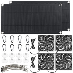 Riakrum front view of full packed solar fan kit showing panels and fans for quick setup