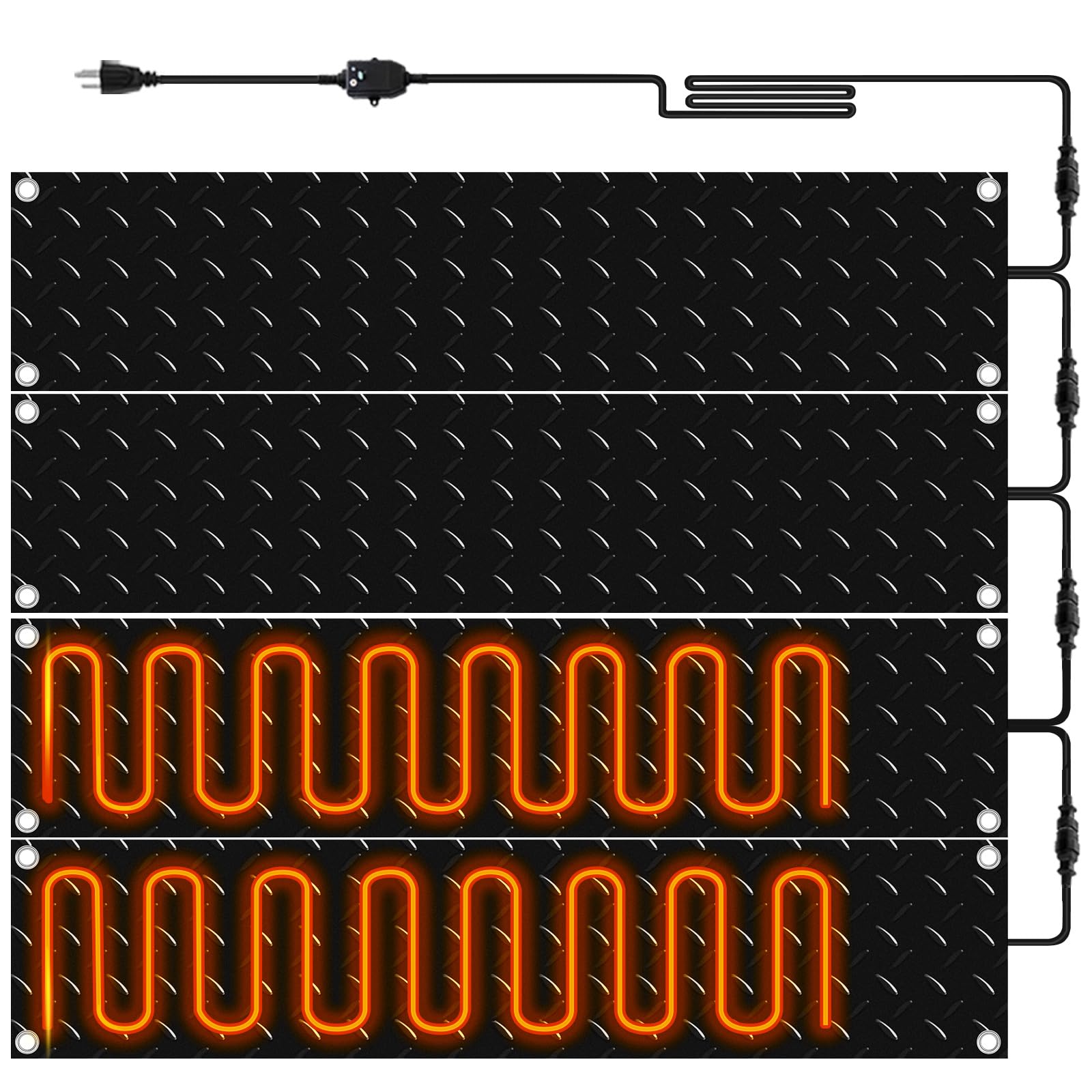 Riakrum front view of four heated mats showing size and set benefit