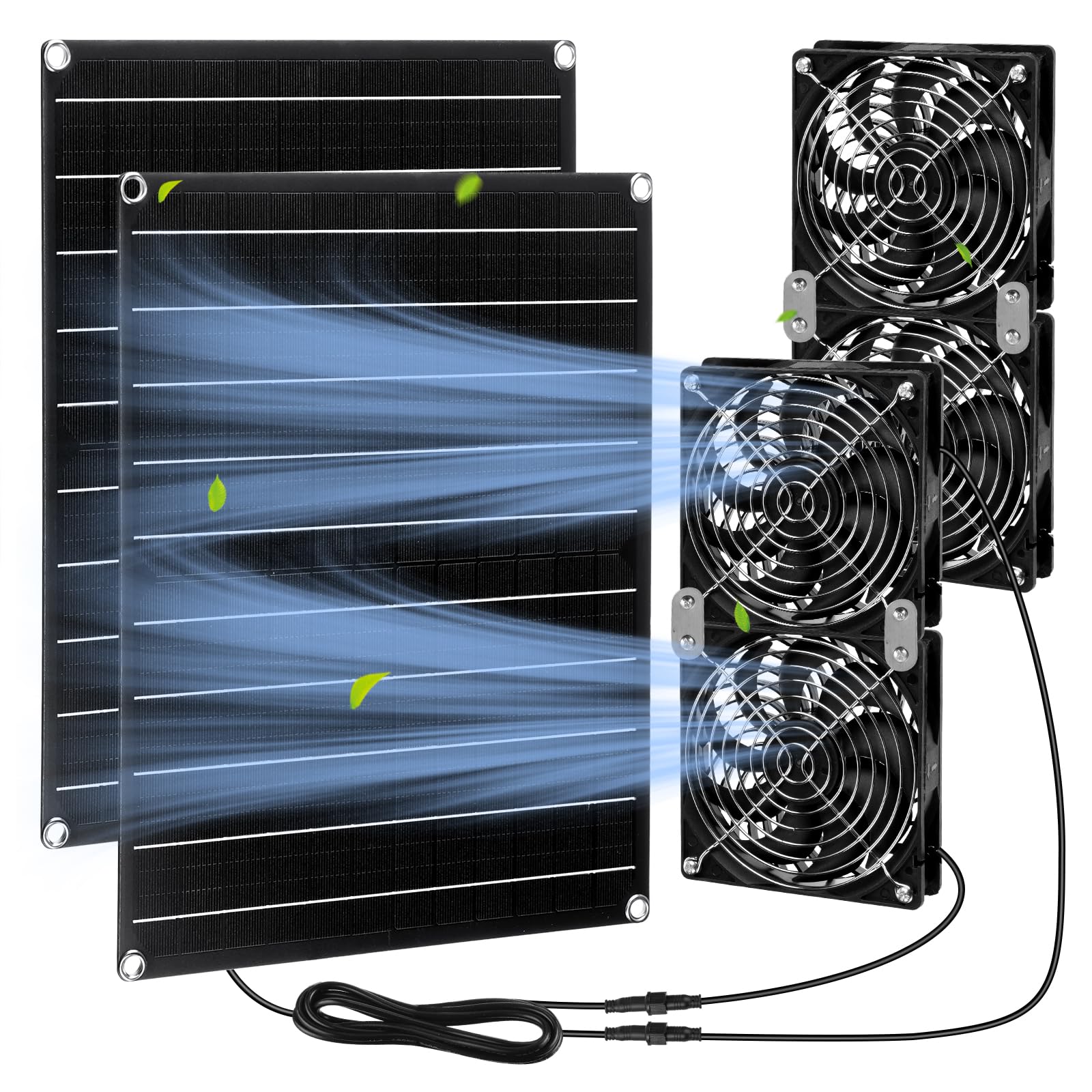 Riakrum front view of complete solar fan kit showing panels and fans for instant ventilation