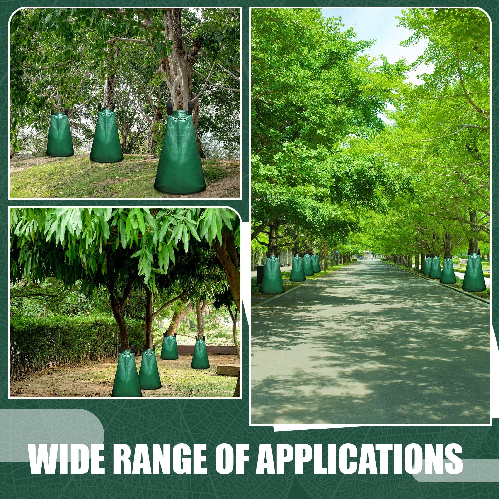 Riakrum multiple bags attached around a large tree for extended root zone watering