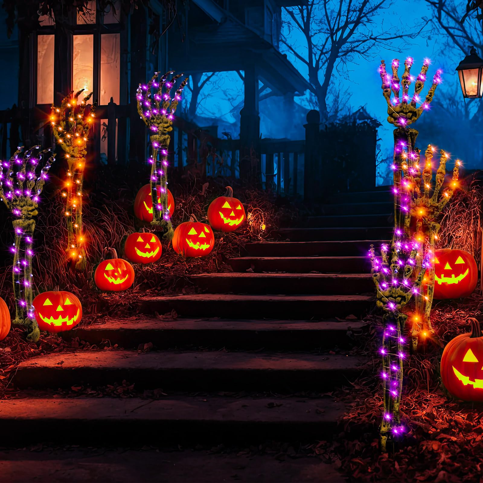 Riakrum glowing purple and orange arms lighting up yard at night