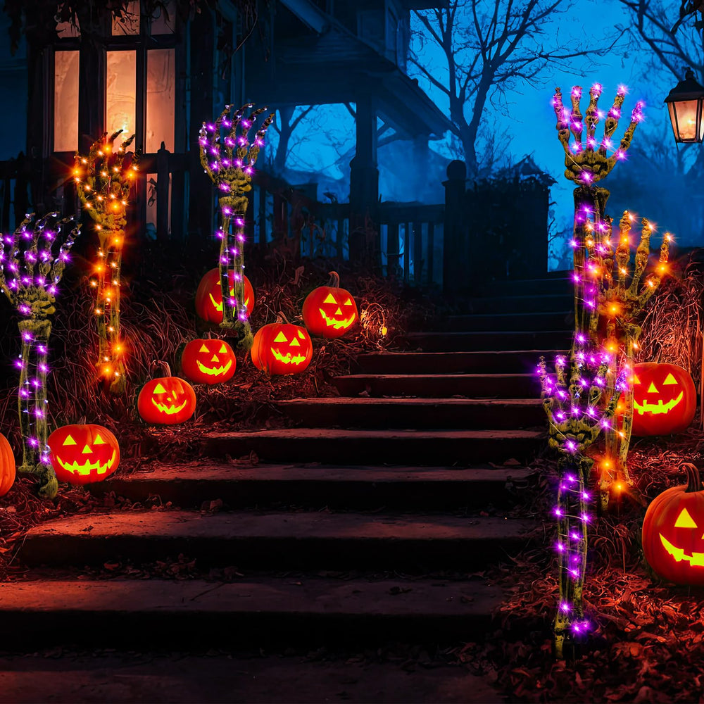Riakrum glowing purple and orange arms lighting up yard at night