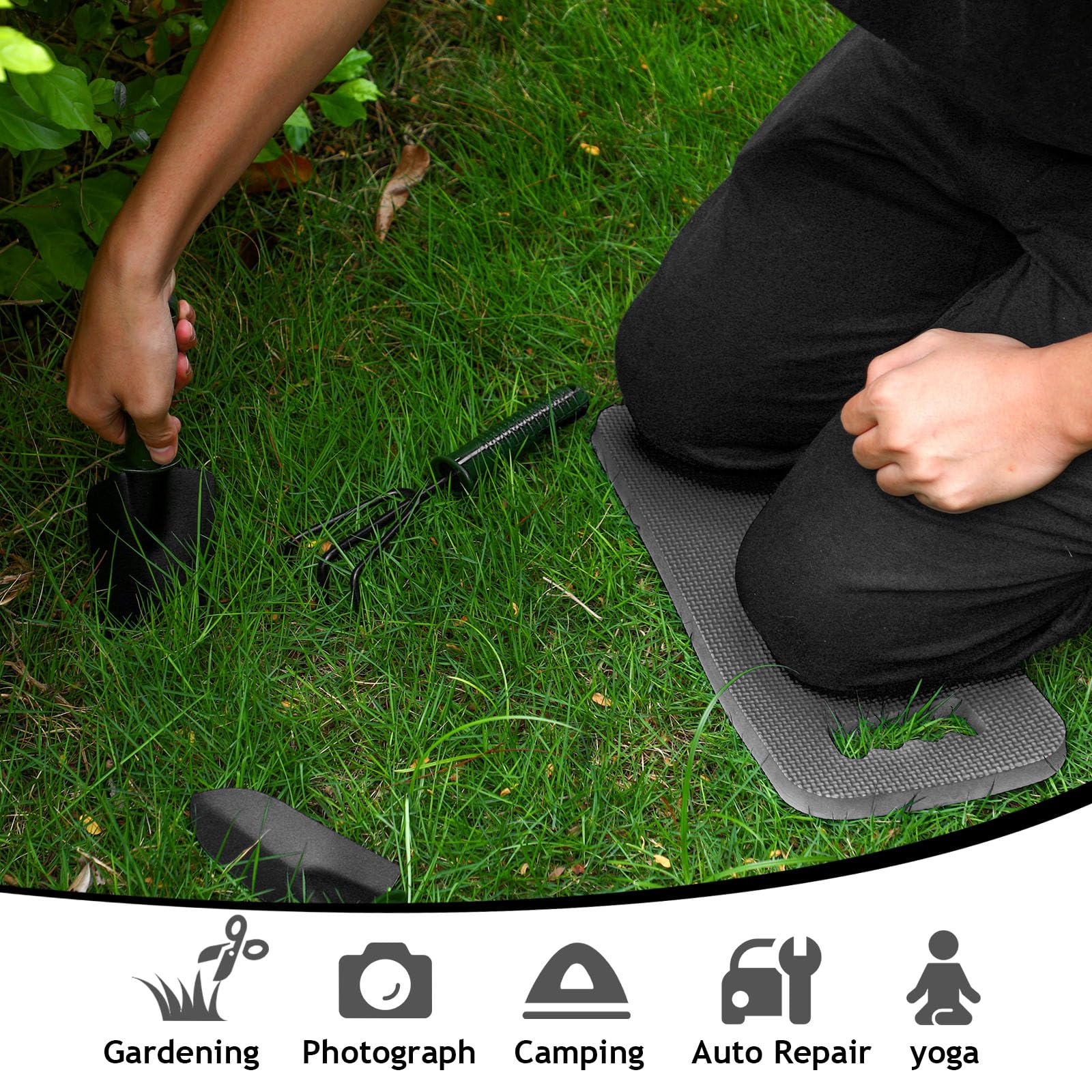 Riakrum pad placed on soil while gardening for knee protection benefit