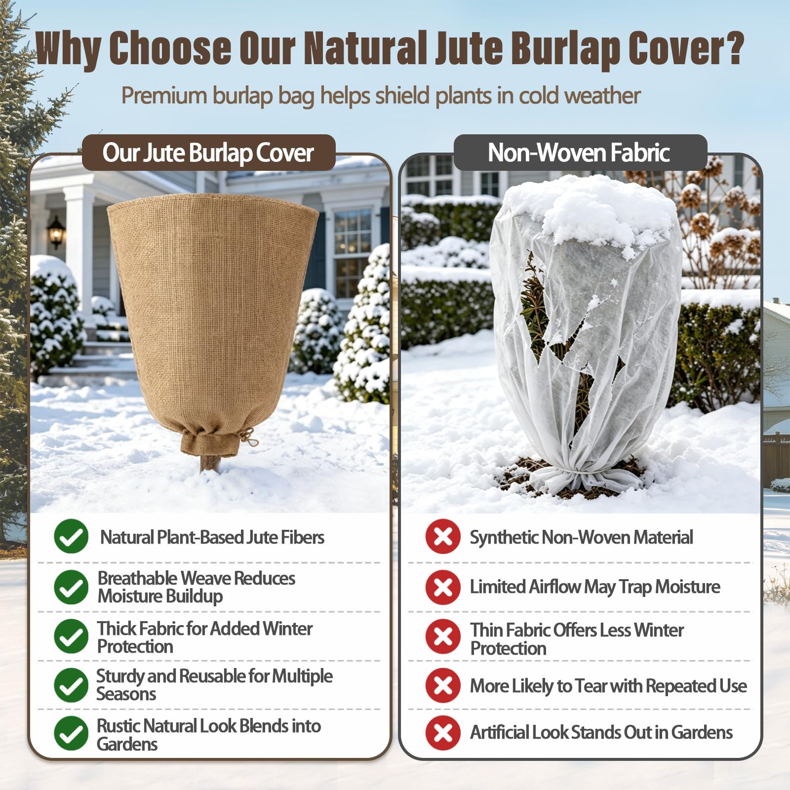 Riare folded burlap covers in storage showing space-saving reuse benefit