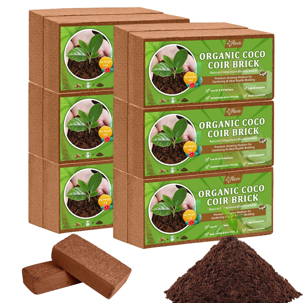 Riare front packaging showing 12 coco coir bricks and sustainable benefits