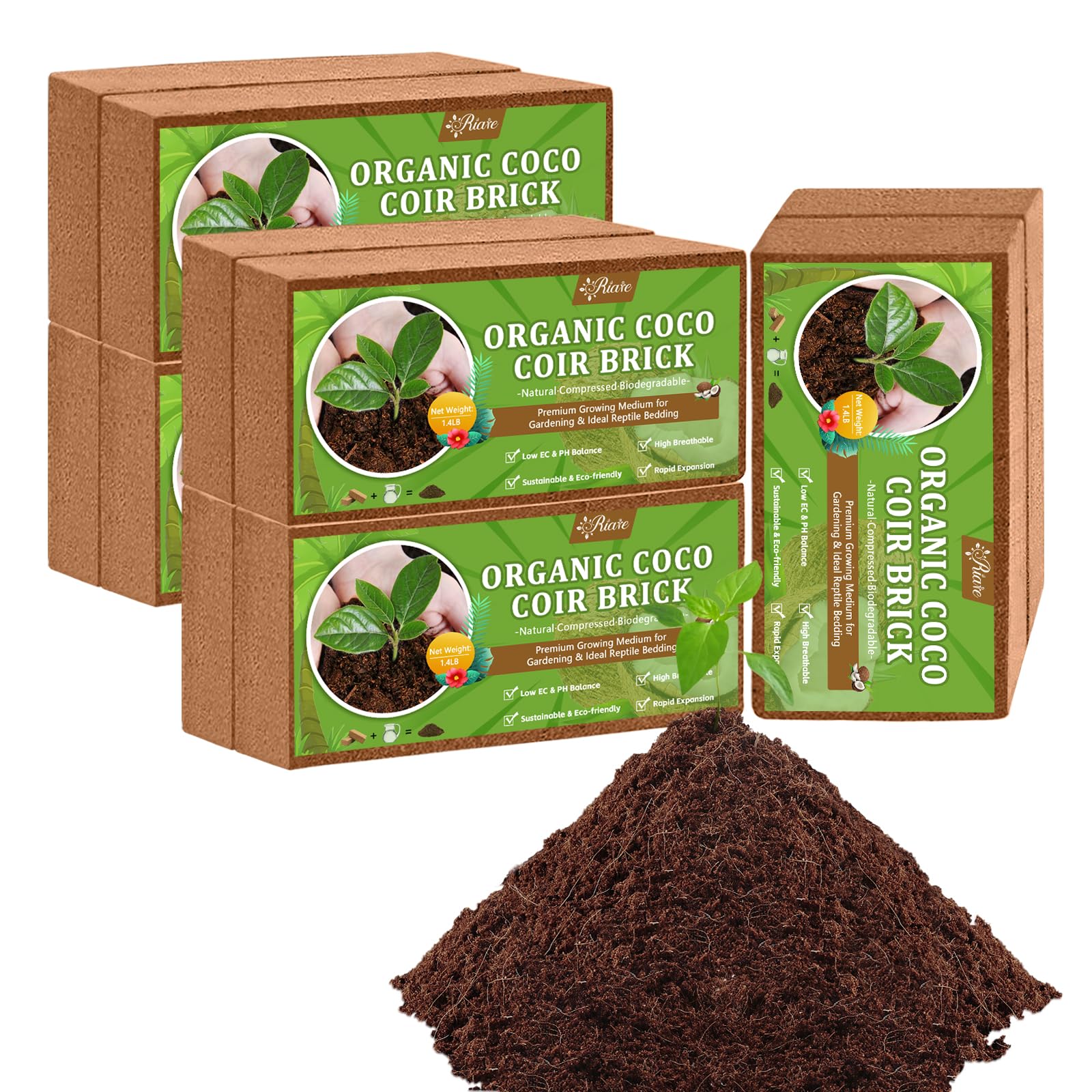 Riare front packaging showing 10 coco coir bricks, easy storage benefit