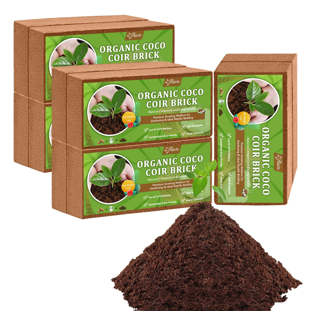 Riare front packaging showing 10 coco coir bricks, easy storage benefit
