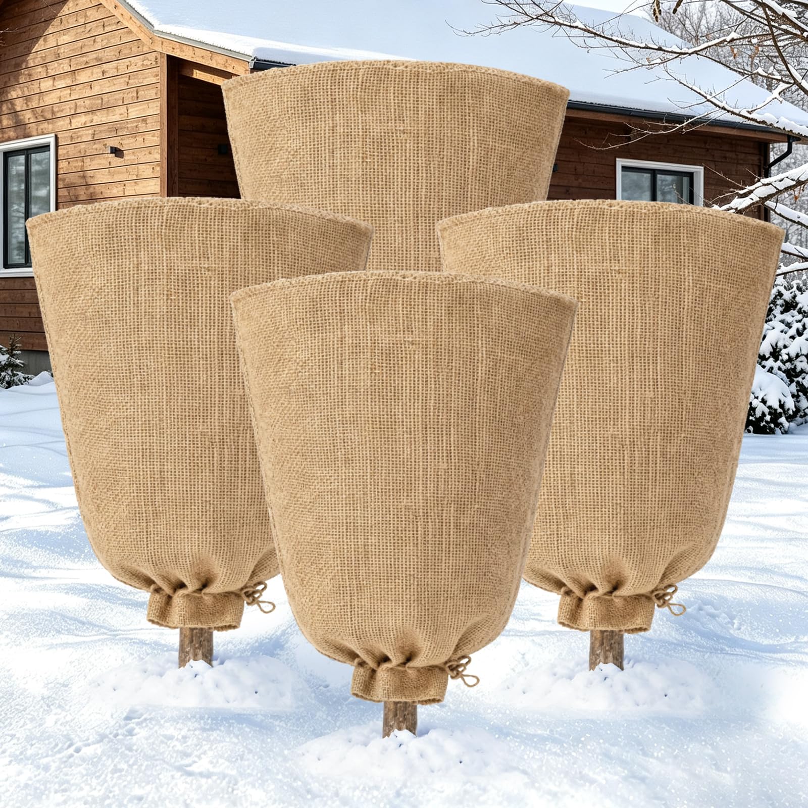 Riare front view of four large burlap covers showing size and quantity benefit