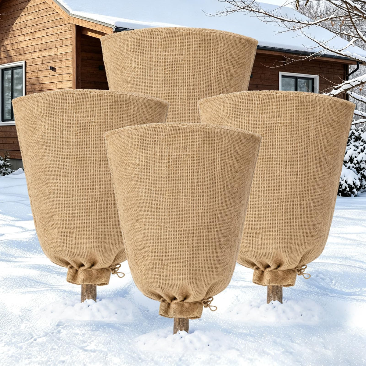 Riare front view of four large burlap covers showing size and quantity benefit