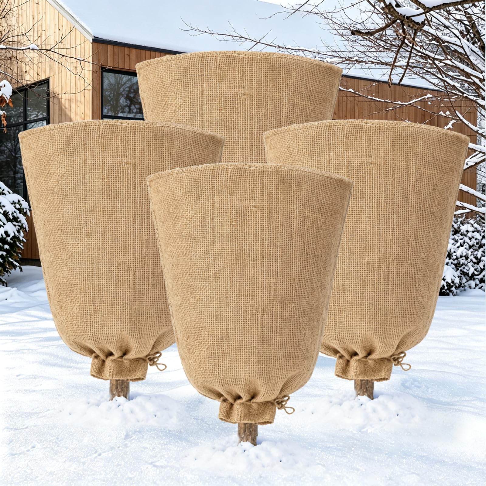 Riare front view of four burlap plant covers showing full kit benefit