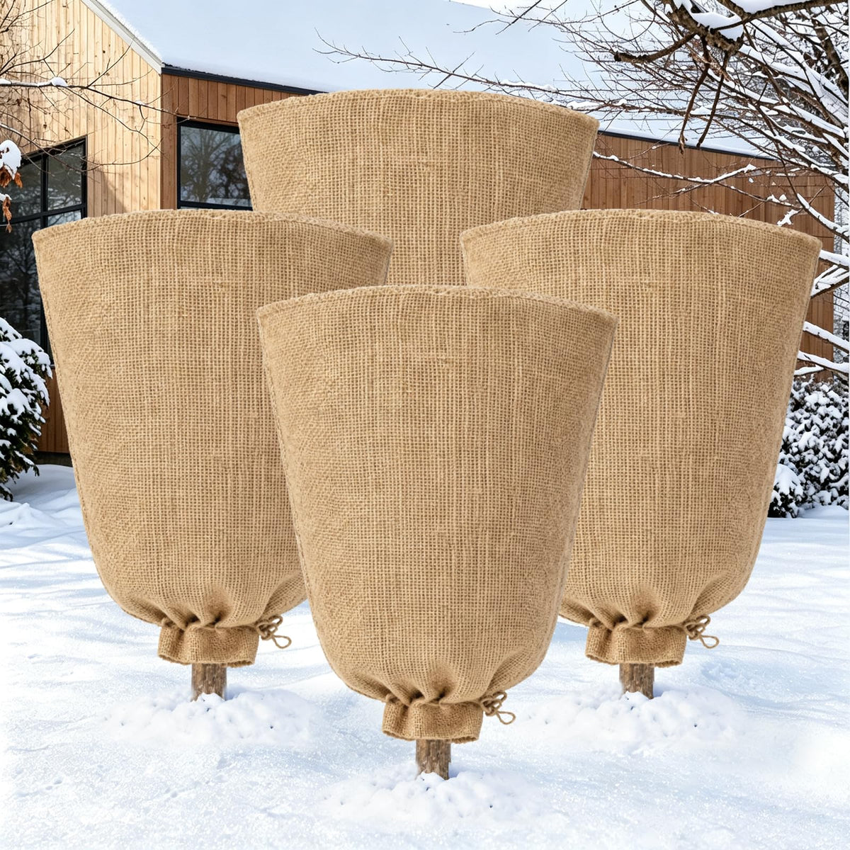 Riare front view of four burlap plant covers showing full kit benefit